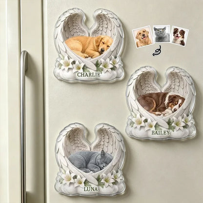 Pet Memorial Acrylic Magnet, Personalized Sleeping Dog or Cat with Angel Wings, Creative Sympathy Gift for Pet Owners