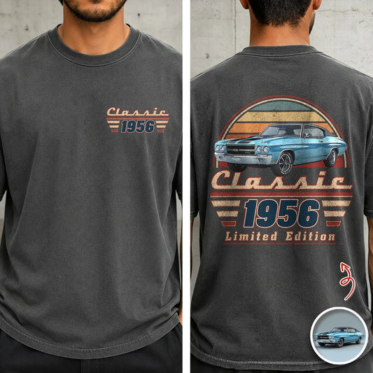 Personalized Car Photo Dual Print Classic Tee, Vintage Auto Artwork, Unique Gift For Dad & Grandpa