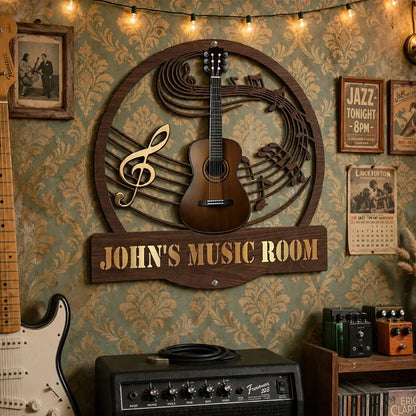 Personalized Shaped Metal Sign with Guitar and Musical Notes, Rustic Music Room Decor, Unique Gift for Guitarist