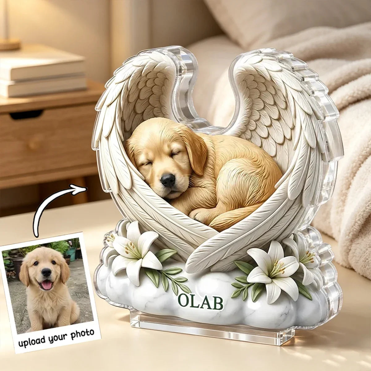 Personalized Shaped Acrylic Block Plaque, Sleeping Dog with Angel Wings, Unique Pet Memorial Gift