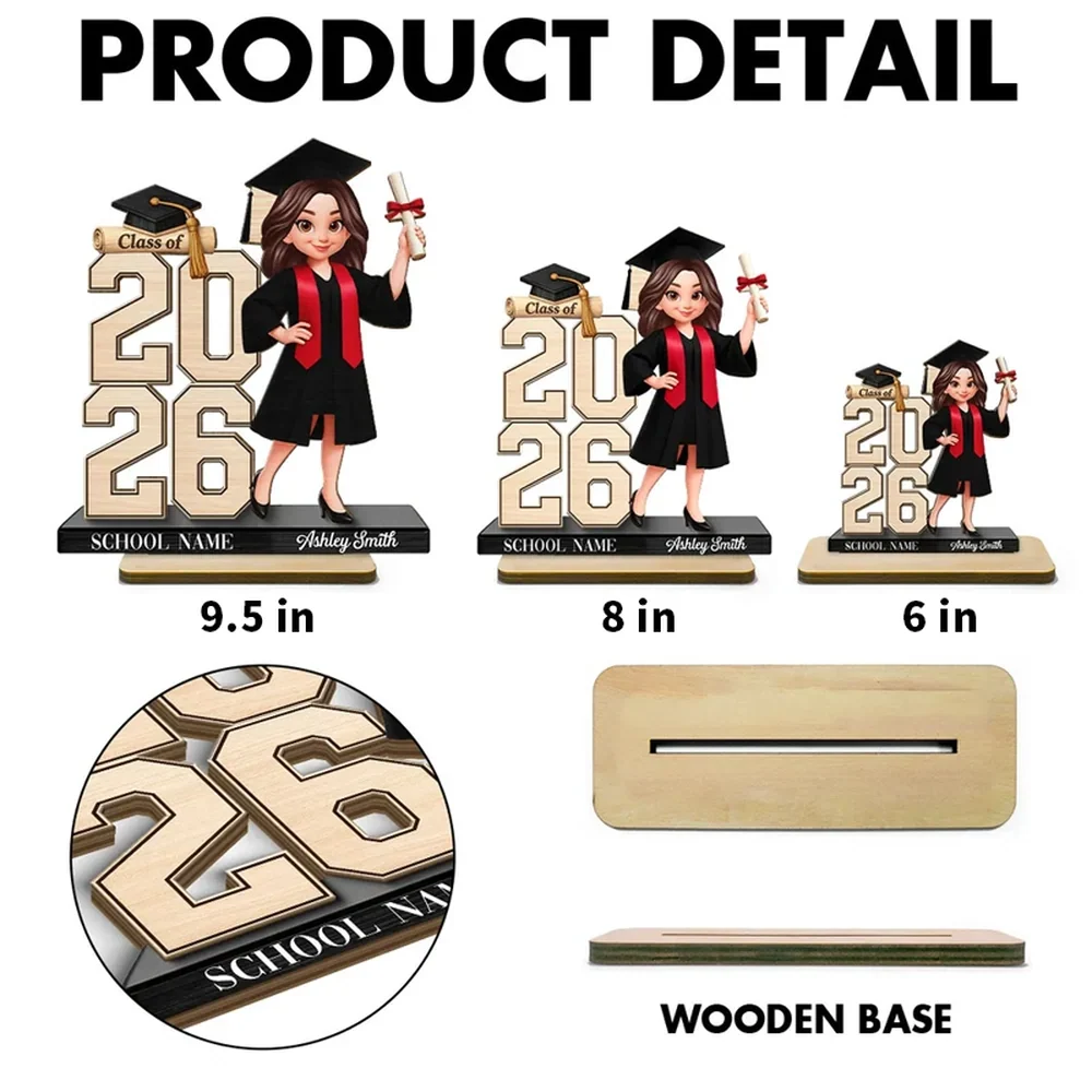 Custom Graduation Girl Character 2-Layer Wooden Plaque, Class Year Keepsake for Living Room Display, Thoughtful Gift