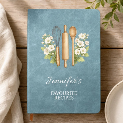 Personalized Recipe Journal with Birth Flowers and Cooking Utensils, Custom Name Gift for Home Cooks