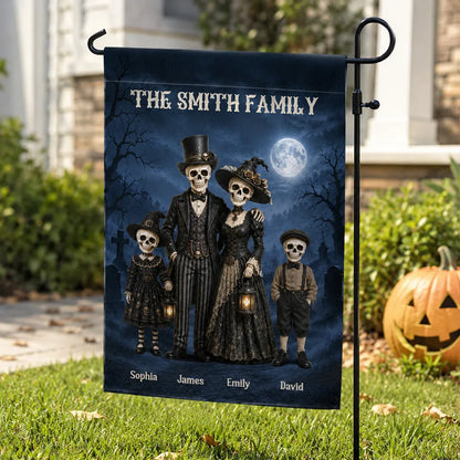 Personalized Garden Flag, Standing Gothic Skeleton Family at a Moonlit Haunted House, Unique Halloween Gift for Families
