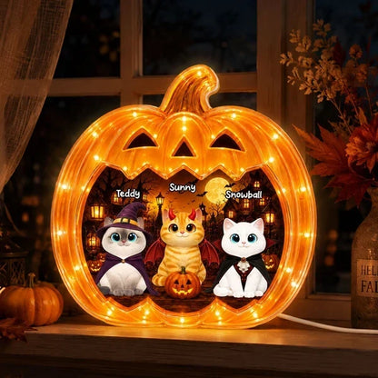 Personalized Acrylic Light Box, Spooky Pumpkin Cats with Warm Glow, Creative Gift for Cat Lovers