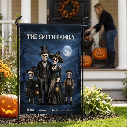 Personalized Garden Flag, Standing Gothic Skeleton Family at a Moonlit Haunted House, Unique Halloween Gift for Families