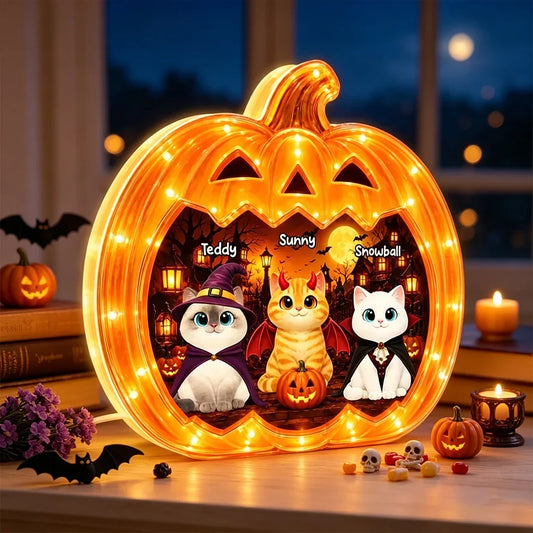Personalized Acrylic Light Box, Spooky Pumpkin Cats with Warm Glow, Creative Gift for Cat Lovers
