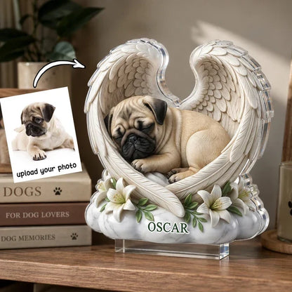 Personalized Shaped Acrylic Block Plaque, Sleeping Dog with Angel Wings, Unique Pet Memorial Gift