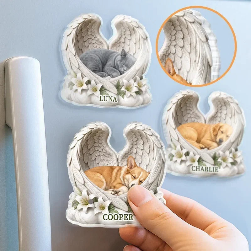 Pet Memorial Acrylic Magnet, Personalized Sleeping Dog or Cat with Angel Wings, Creative Sympathy Gift for Pet Owners