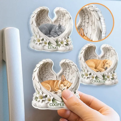 Pet Memorial Acrylic Magnet, Personalized Sleeping Dog or Cat with Angel Wings, Creative Sympathy Gift for Pet Owners