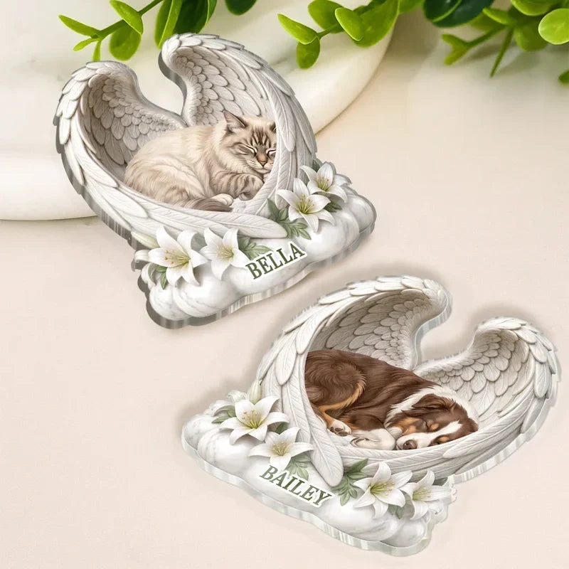 Pet Memorial Acrylic Magnet, Personalized Sleeping Dog or Cat with Angel Wings, Creative Sympathy Gift for Pet Owners