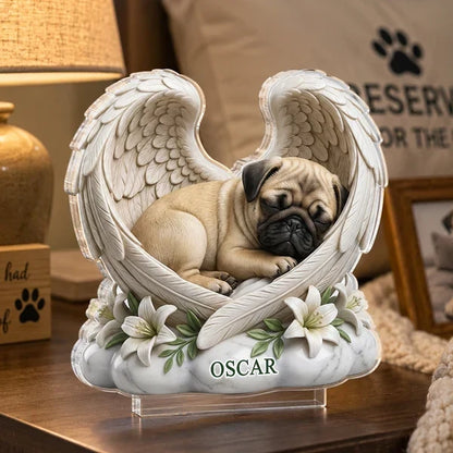 Personalized Shaped Acrylic Block Plaque, Sleeping Dog with Angel Wings, Unique Pet Memorial Gift