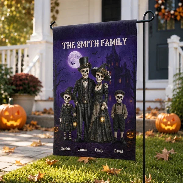Personalized Garden Flag, Standing Gothic Skeleton Family at a Moonlit Haunted House, Unique Halloween Gift for Families