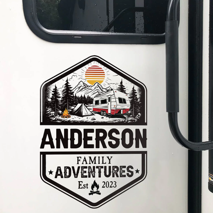 Personalized Sticker Decal for RV Camper Family Adventures Badge, Mountain Camping Scene, Unique Gift for Travel Lovers