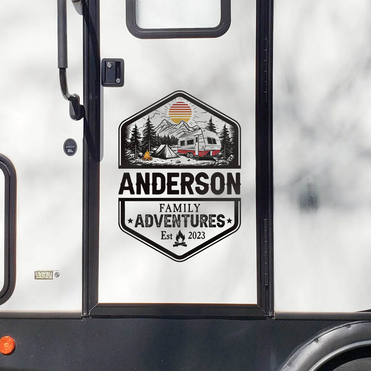 Personalized Sticker Decal for RV Camper Family Adventures Badge, Mountain Camping Scene, Unique Gift for Travel Lovers