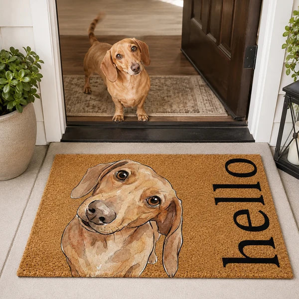 Custom Standard Doormat with Watercolor Dog Portrait and Hello Greeting, Heartwarming Creative Gift for Pet Owners