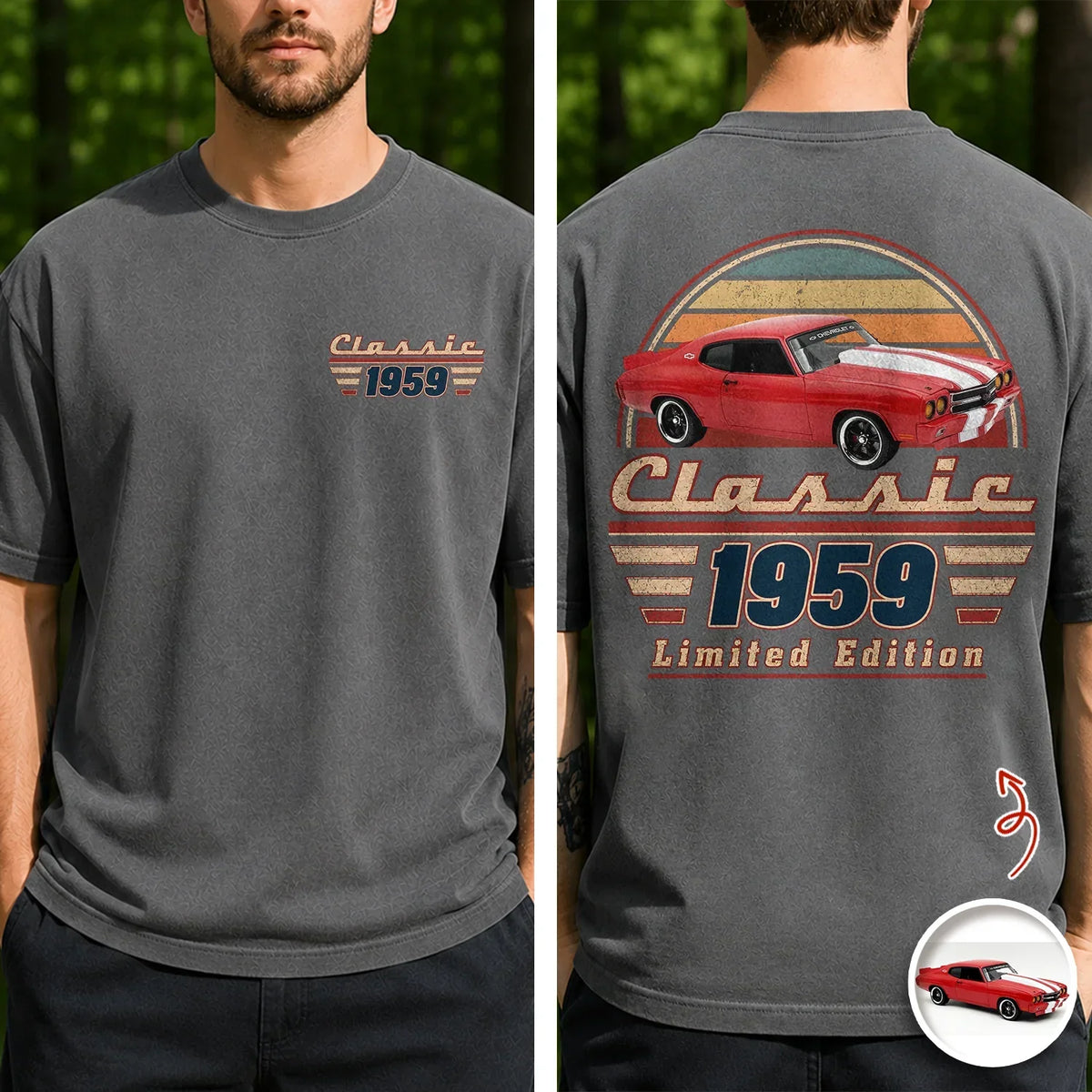 Personalized Car Photo Dual Print Classic Tee, Vintage Auto Artwork, Unique Gift For Dad & Grandpa