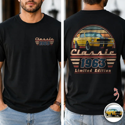 Personalized Car Photo Dual Print Classic Tee, Vintage Auto Artwork, Unique Gift For Dad & Grandpa