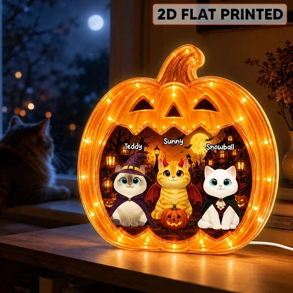 Personalized Acrylic Light Box, Spooky Pumpkin Cats with Warm Glow, Creative Gift for Cat Lovers
